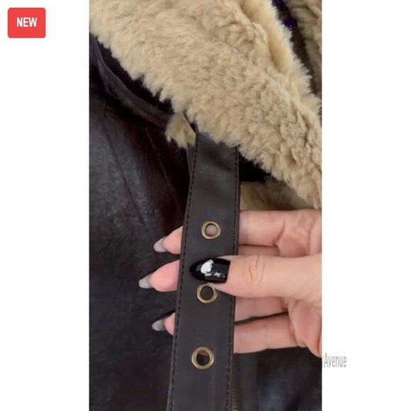 Large Faux Leather Biker Jacket with Sherpa Lining, Winter Coat - Picture 8 of 8